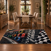 Race Car Checkered Grid Area Rug styled in a dining room