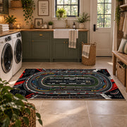Aerial Speedway Circuit Area Rug styled in a modern laundry room