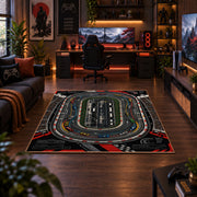 Aerial Speedway Circuit Area Rug styled in a gaming room