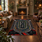 Aerial Speedway Circuit Area Rug styled in a living room