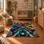 Colorful Race Cars Checkered Area Rug styled in a cozy nursery