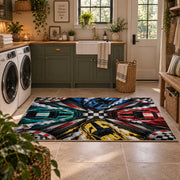 Colorful Race Cars Checkered Area Rug styled in a modern laundry room