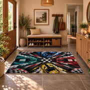 Colorful Race Cars Checkered Area Rug styled in a welcoming entryway