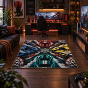 Colorful Race Cars Checkered Area Rug styled in a gaming room