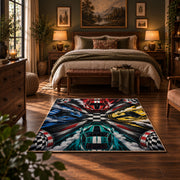 Colorful Race Cars Checkered Area Rug styled in a bedroom corner