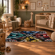Colorful Race Cars Checkered Area Rug styled in a nursery room