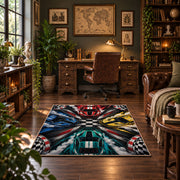 Colorful Race Cars Checkered Area Rug styled in a home office