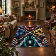 Colorful Race Cars Checkered Area Rug styled in a living room