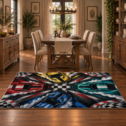 Colorful Race Cars Checkered Area Rug styled in a dining room