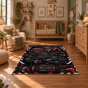 Vintage Motorsport Engine Collage Area Rug styled in a cozy nursery