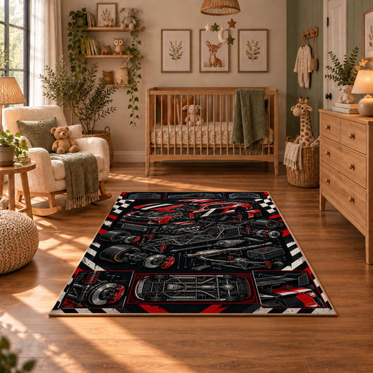 Vintage Motorsport Engine Collage Area Rug styled in a cozy nursery
