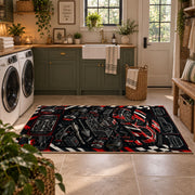 Vintage Motorsport Engine Collage Area Rug styled in a modern laundry room