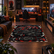 Vintage Motorsport Engine Collage Area Rug styled in a gaming room