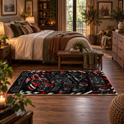 Vintage Motorsport Engine Collage Area Rug styled in a main bedroom