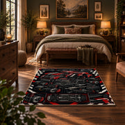 Vintage Motorsport Engine Collage Area Rug styled in a bedroom corner