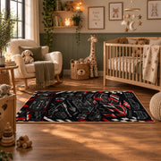 Vintage Motorsport Engine Collage Area Rug styled in a nursery room