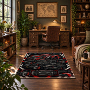 Vintage Motorsport Engine Collage Area Rug styled in a home office