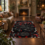 Vintage Motorsport Engine Collage Area Rug styled in a living room