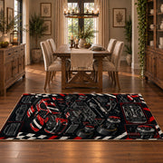 Vintage Motorsport Engine Collage Area Rug styled in a dining room
