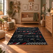 Race Car Dashboard Blueprint Area Rug styled in a cozy nursery