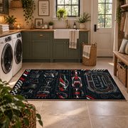Race Car Dashboard Blueprint Area Rug styled in a modern laundry room