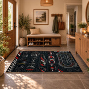 Race Car Dashboard Blueprint Area Rug styled in a welcoming entryway