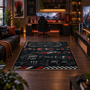 Race Car Dashboard Blueprint Area Rug styled in a gaming room