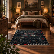 Race Car Dashboard Blueprint Area Rug styled in a bedroom corner