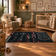 Race Car Dashboard Blueprint Area Rug styled in a nursery room