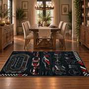 Race Car Dashboard Blueprint Area Rug styled in a dining room