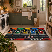 Colorful Racing Control Panel Area Rug styled in a modern laundry room