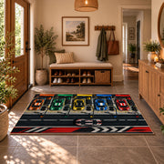Colorful Racing Control Panel Area Rug styled in a welcoming entryway