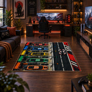 Colorful Racing Control Panel Area Rug styled in a gaming room