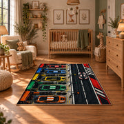 Colorful Racing Control Panel Area Rug styled in a cozy nursery