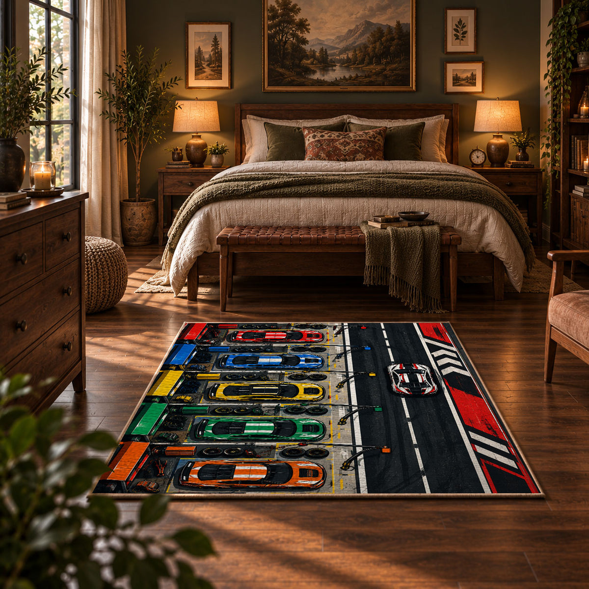 Colorful Racing Control Panel Area Rug styled in a bedroom corner