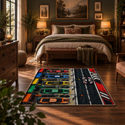 Colorful Racing Control Panel Area Rug styled in a bedroom corner