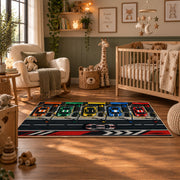 Colorful Racing Control Panel Area Rug styled in a nursery room
