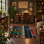 Colorful Racing Control Panel Area Rug styled in a home office