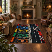 Colorful Racing Control Panel Area Rug styled in a living room