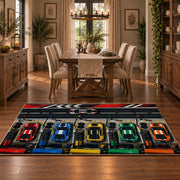 Colorful Racing Control Panel Area Rug styled in a dining room