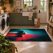 Neon Night Racing Silhouette Area Rug styled in a modern laundry room