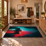 Neon Night Racing Silhouette Area Rug styled in a welcoming entryway