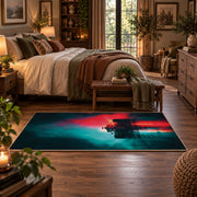 Neon Night Racing Silhouette Area Rug styled in a main bedroom
