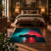 Neon Night Racing Silhouette Area Rug styled in a bedroom corner