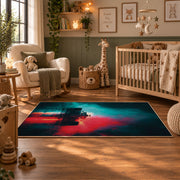 Neon Night Racing Silhouette Area Rug styled in a nursery room