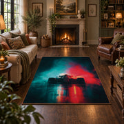 Neon Night Racing Silhouette Area Rug styled in a living room