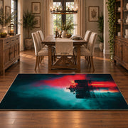 Neon Night Racing Silhouette Area Rug styled in a dining room