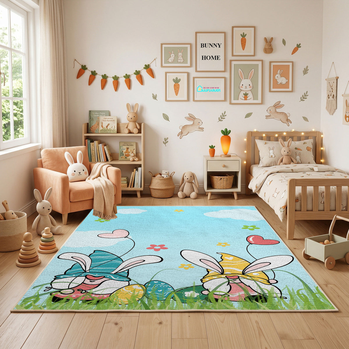 Bunny Couple Garden Area Rug — styled nursery room view