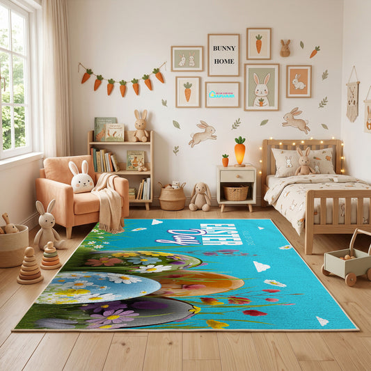 Happy Easter Floral Bunny Rug — full rug design