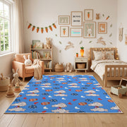 Blue Easter Bunny Egg Pattern Rug — angled floor view
